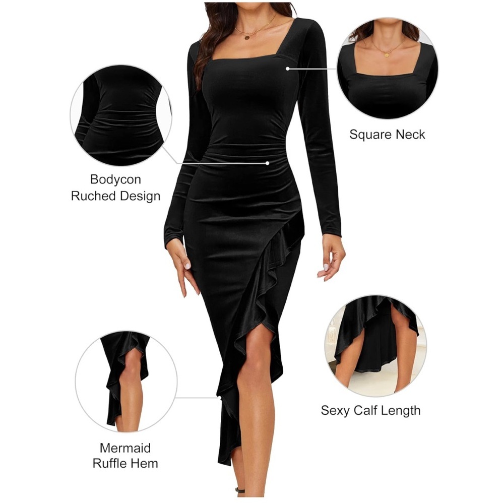 NASHALYLY Elegant Velvet Dress for Women,Sexy Long Sleeve Bodycon Mermaid <<95>> - Picture 2 of 7